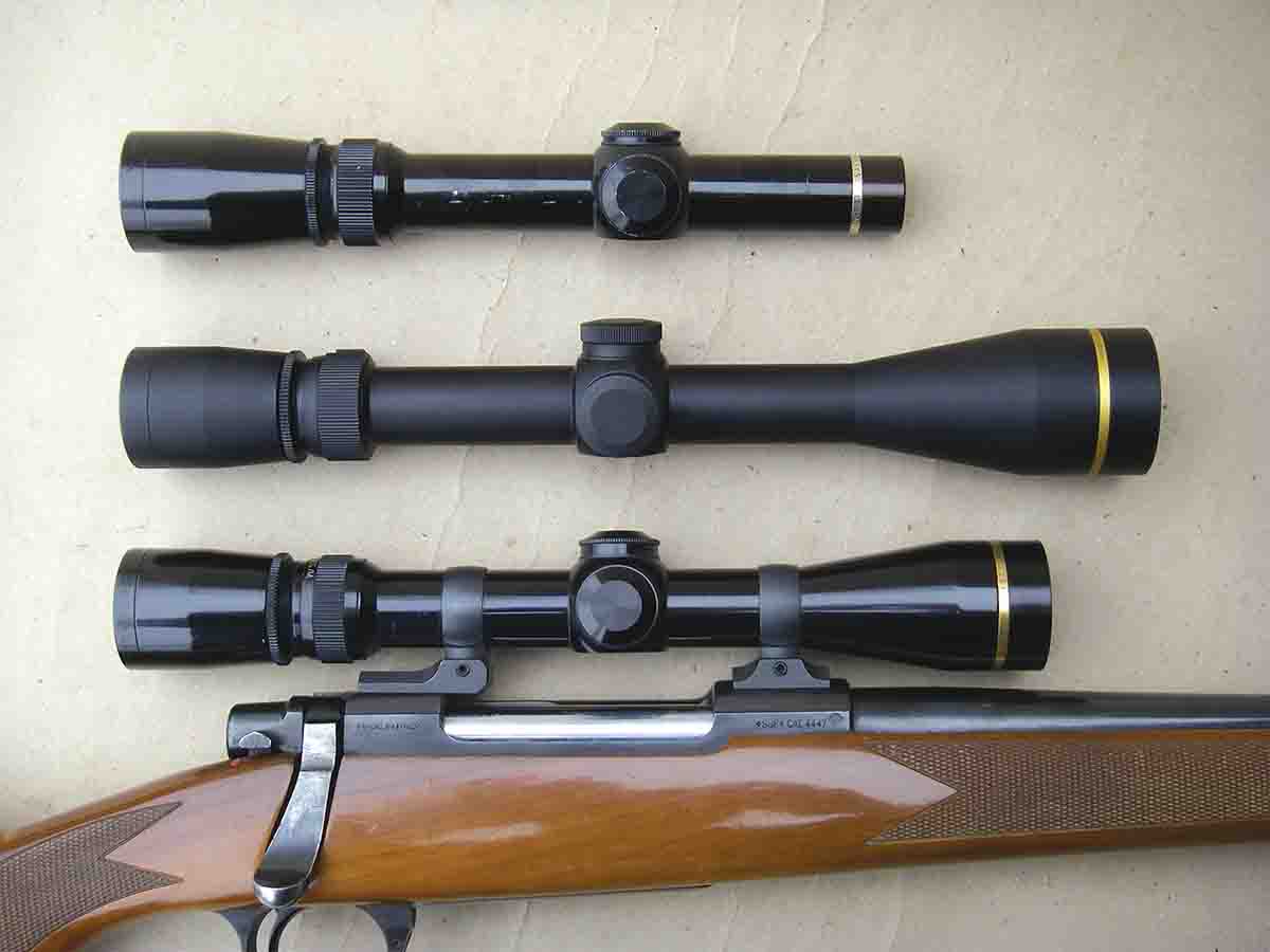 Top to bottom: Leupold Vari-X III 1.5-5x 20mm (1970’s era), VX-3i 3.5-10x 40mm (2016) and Vari-X III 2.5-8x 36mm (1980’s era with click adjustments).